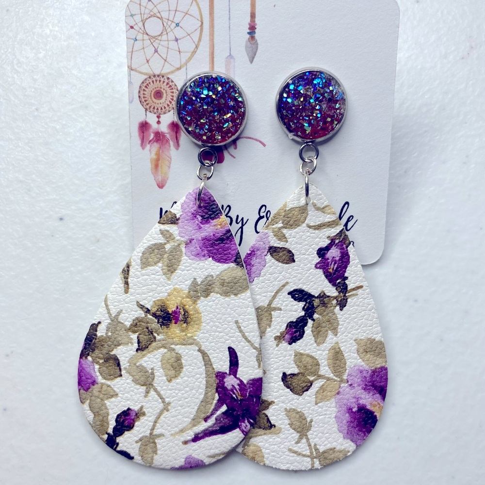 Handcrafted Floral dangle Teardrop and drusy stone stud earrings